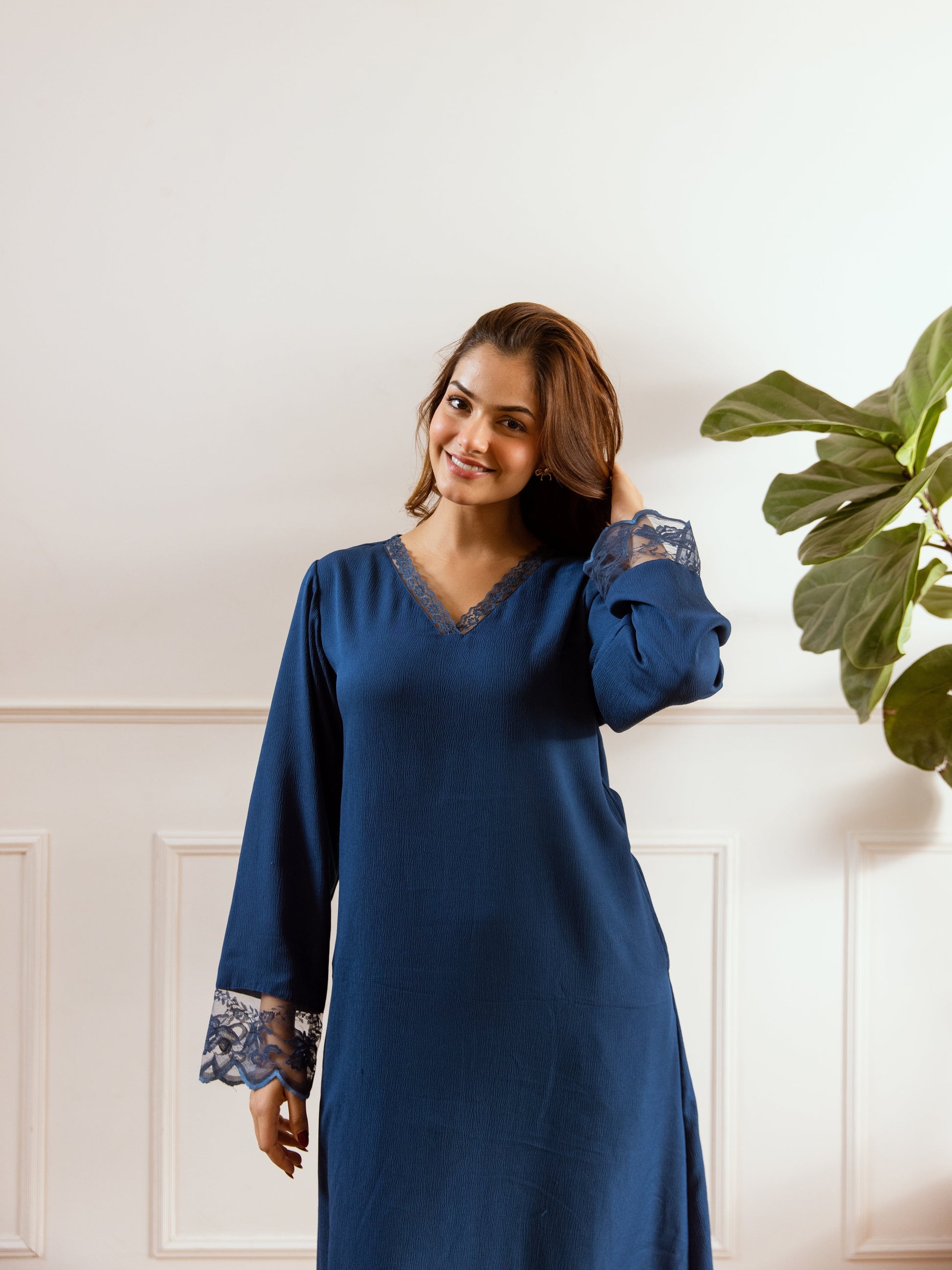 Teal Blue Soft Crepe V-Neck Maxi