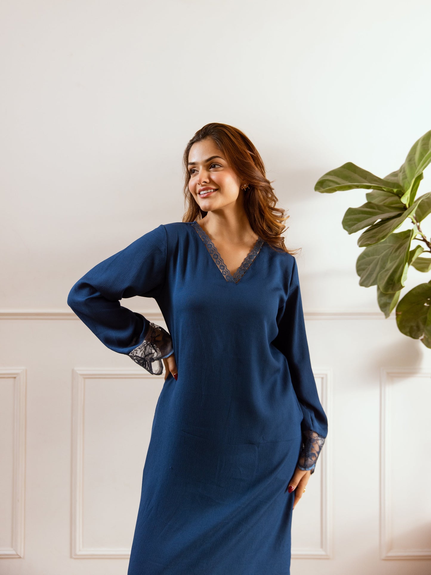 Teal Blue Soft Crepe V-Neck Maxi