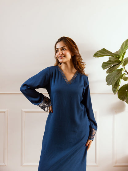 Teal Blue Soft Crepe V-Neck Maxi