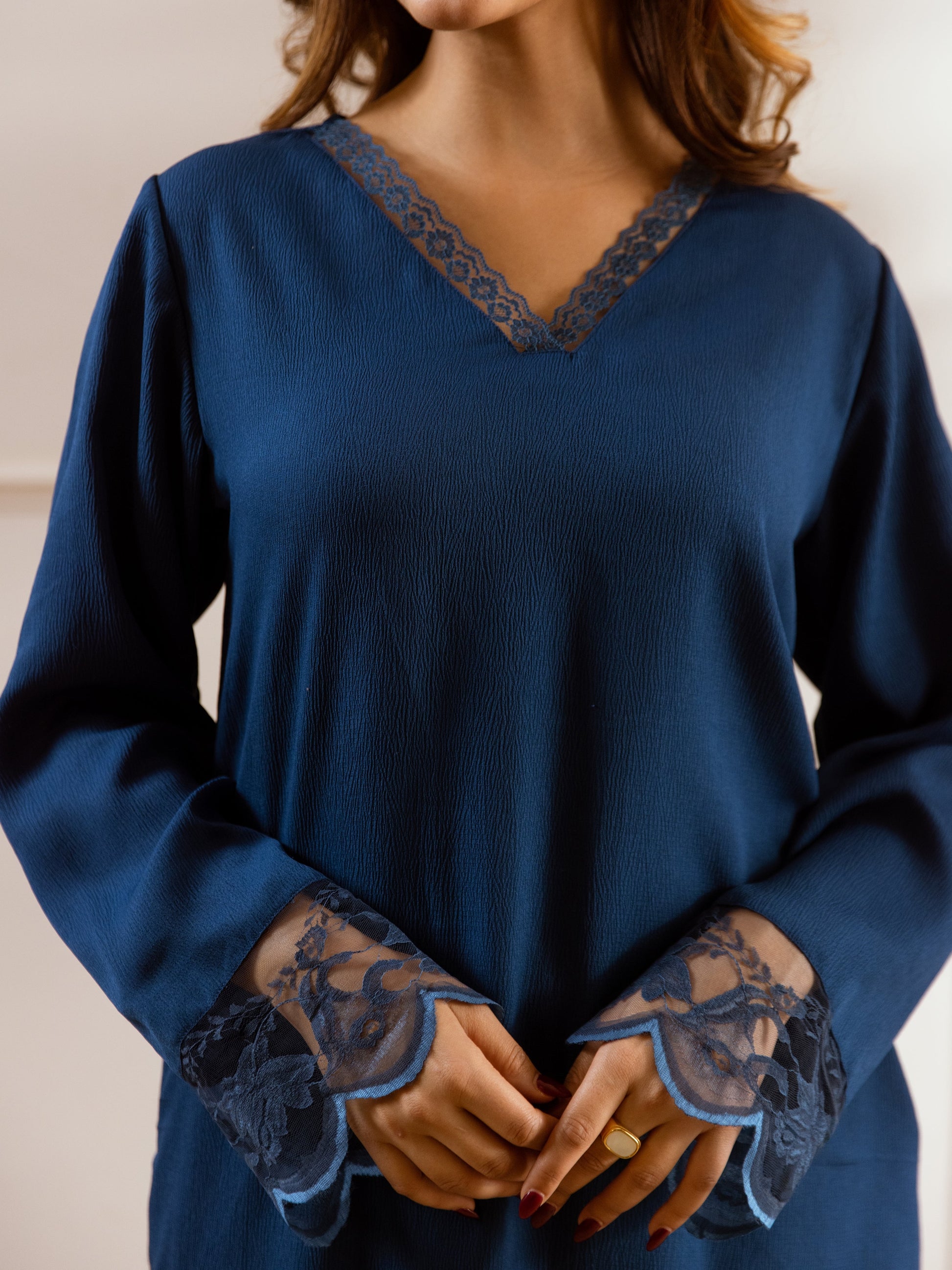 Teal Blue Soft Crepe V-Neck Maxi