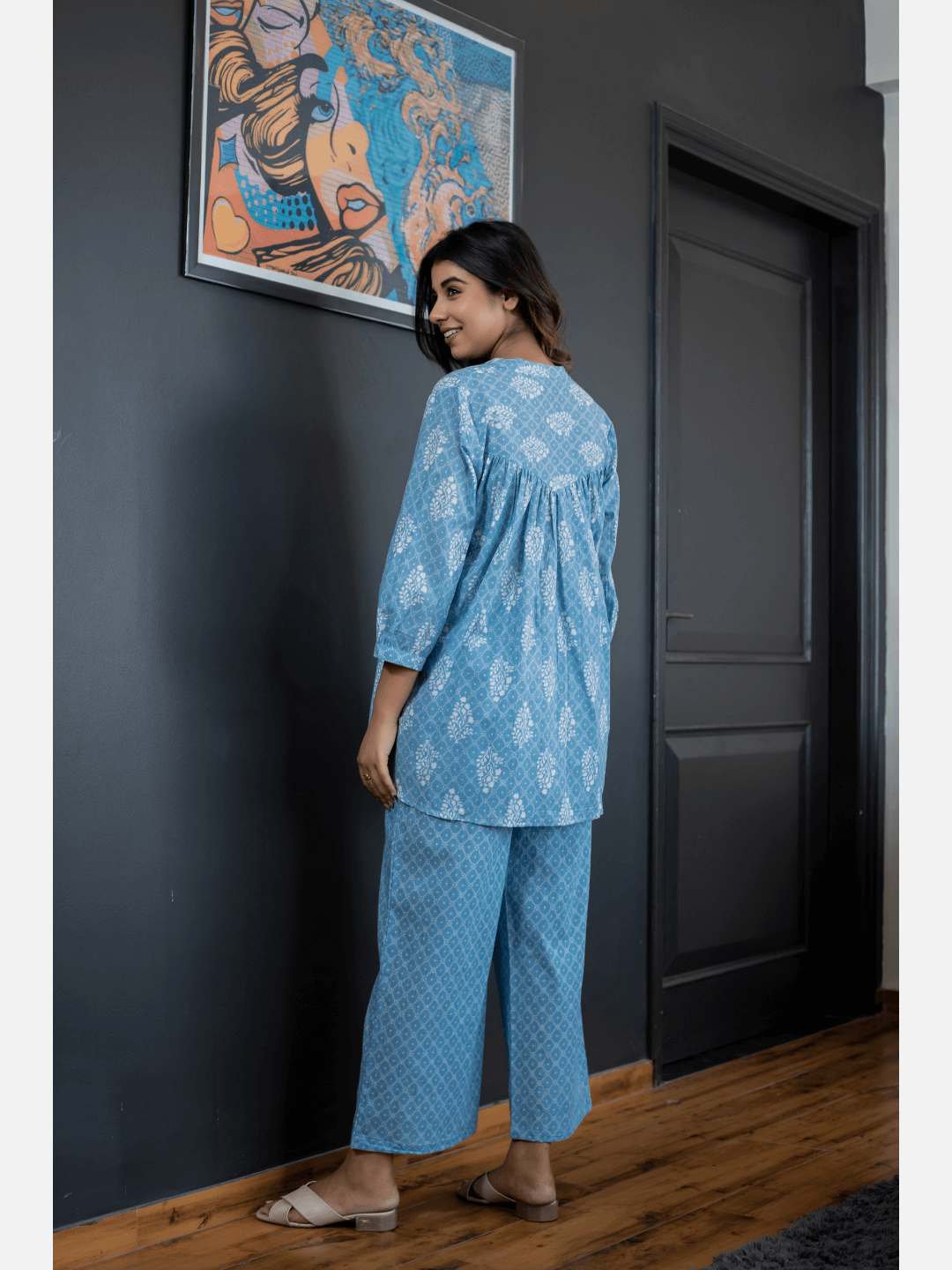 back pleated Sky Blue Pure Cotton Loungewear