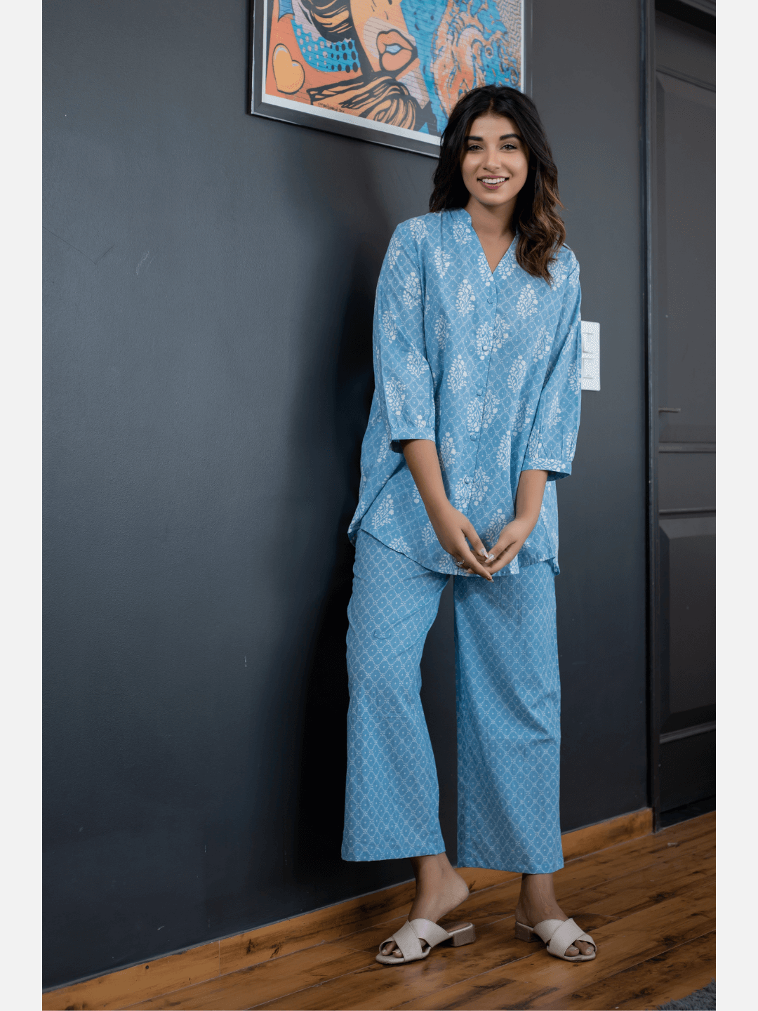 back pleated Sky Blue Pure Cotton Loungewear