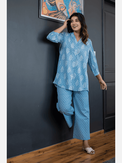 back pleated Sky Blue Pure Cotton Loungewear