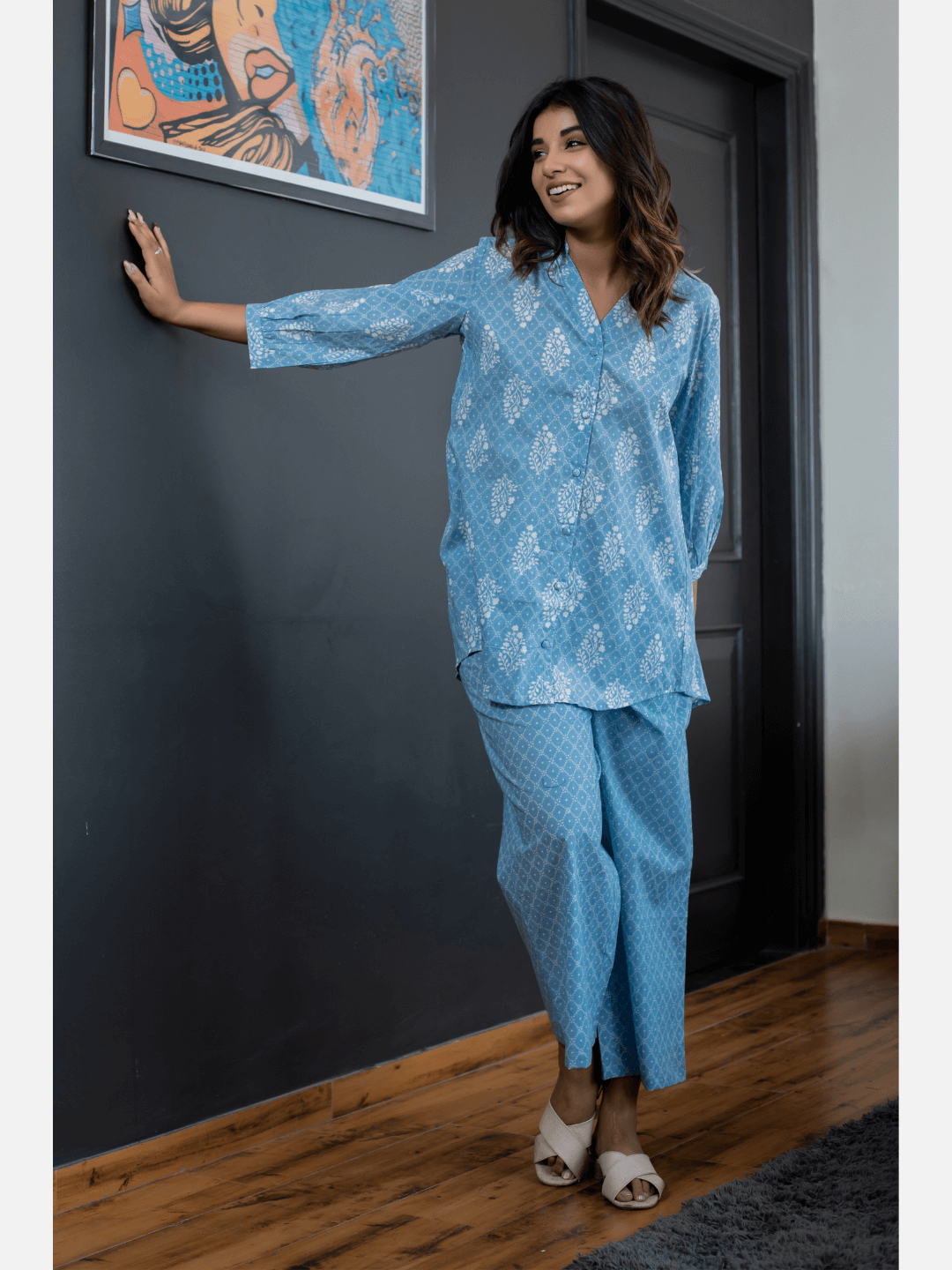 back pleated Sky Blue Pure Cotton Loungewear