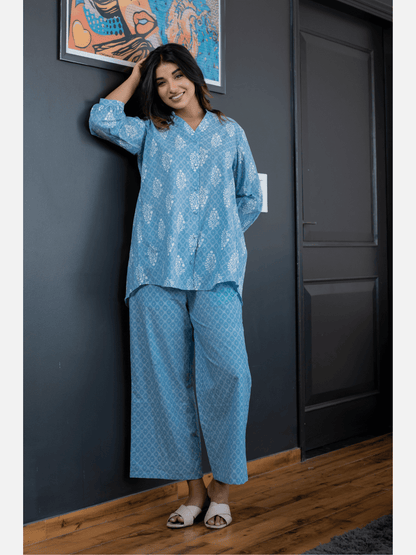 back pleated Sky Blue Pure Cotton Loungewear