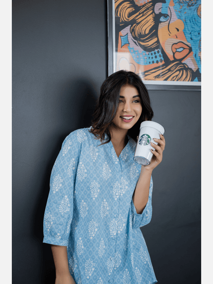 back pleated Sky Blue Pure Cotton Loungewear