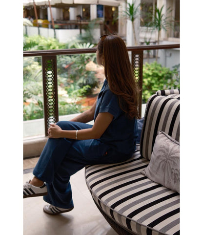 Blue Textured Terry Long Polo Set