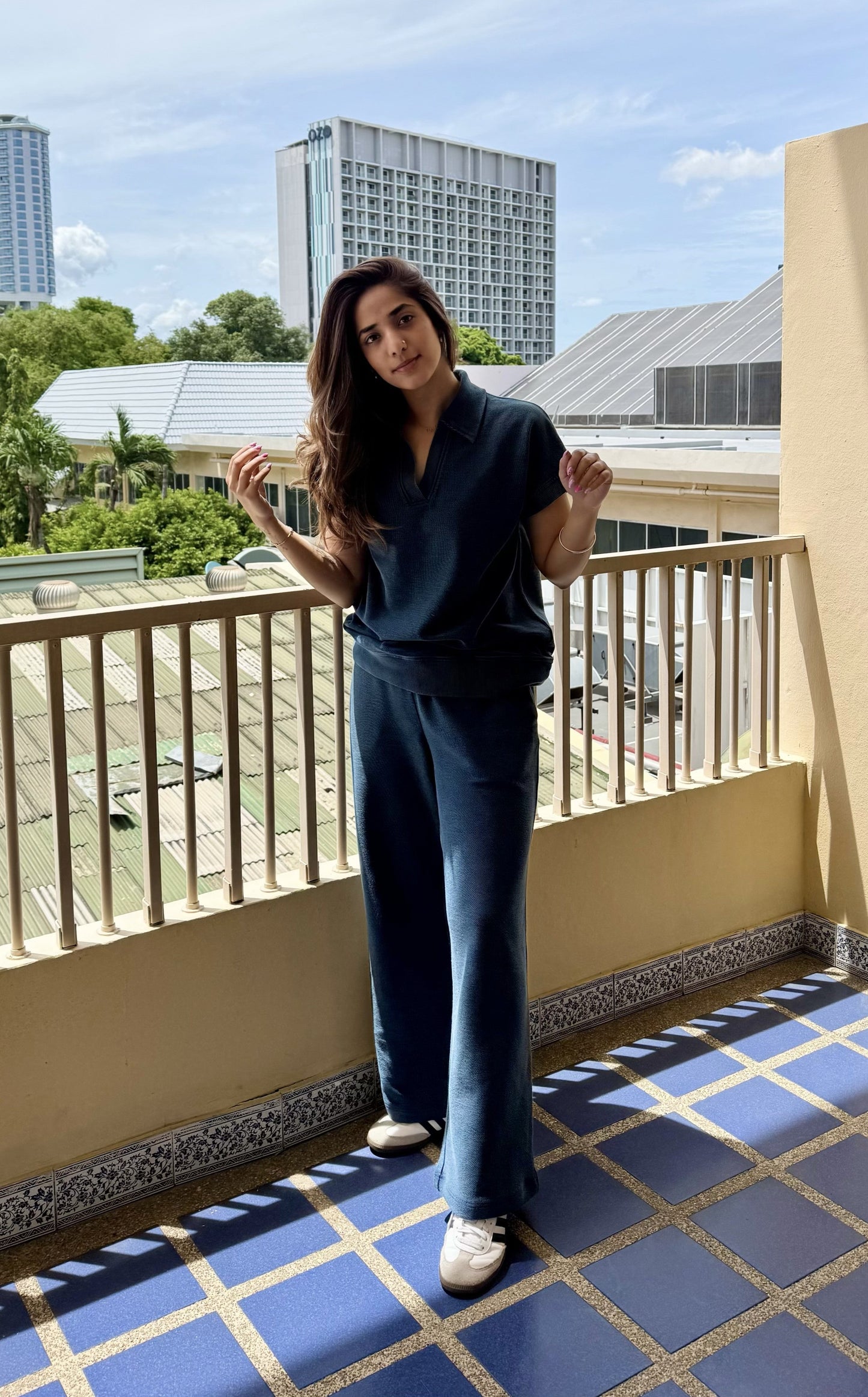 Blue Textured Terry Long Polo Set