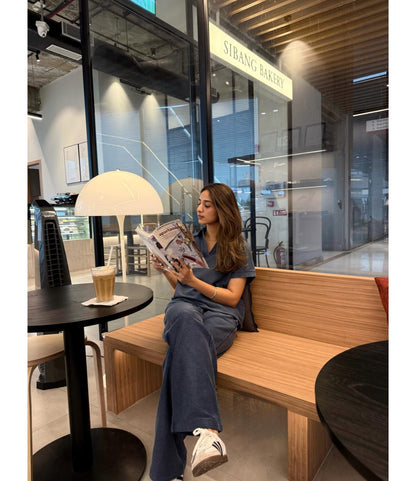 Blue Textured Terry Long Polo Set