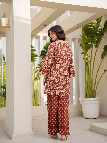 V - Neck Lace Cinnamon Brown Cotton Lounge Wear