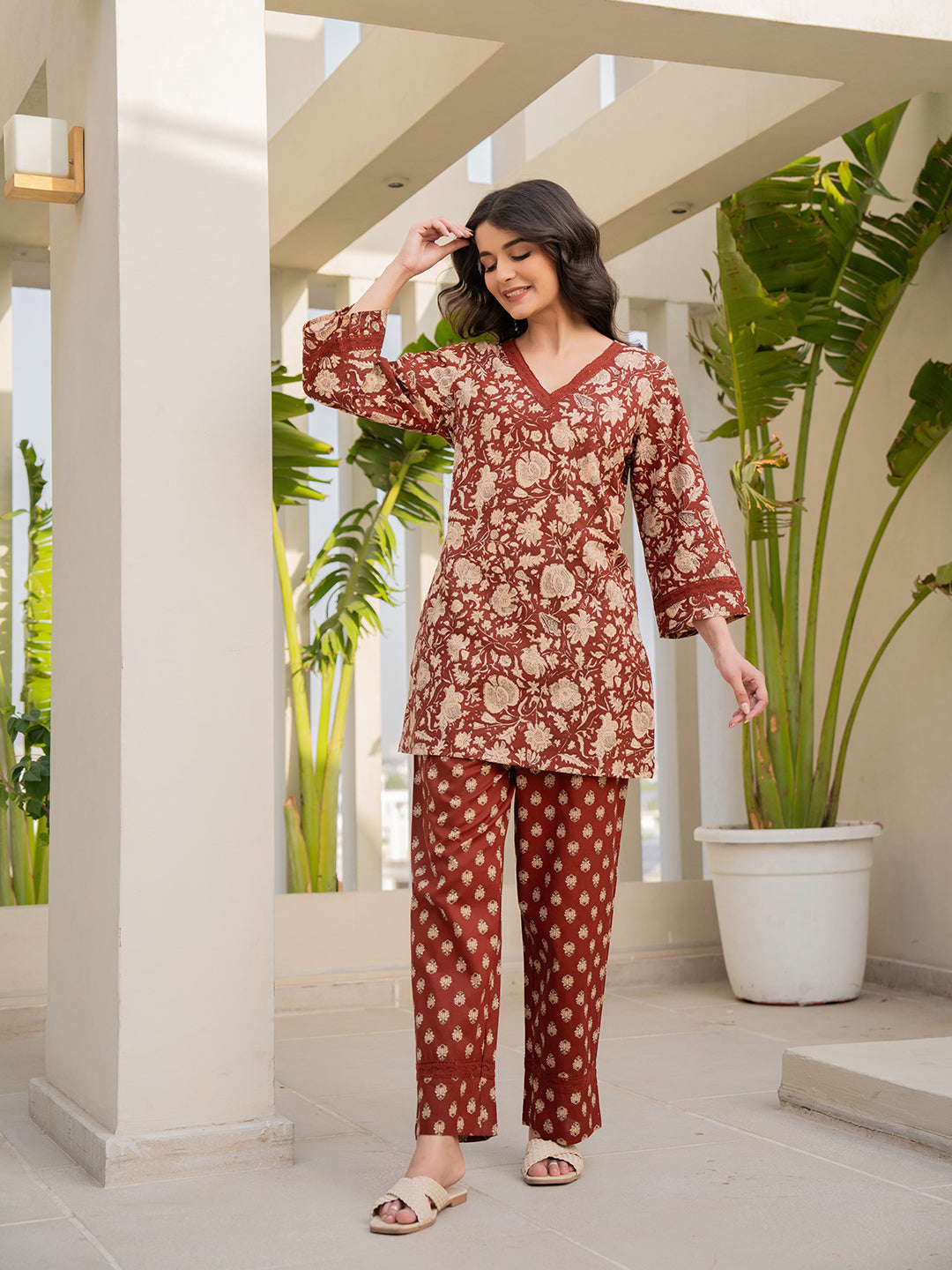 V - Neck Lace Cinnamon Brown Cotton Lounge Wear