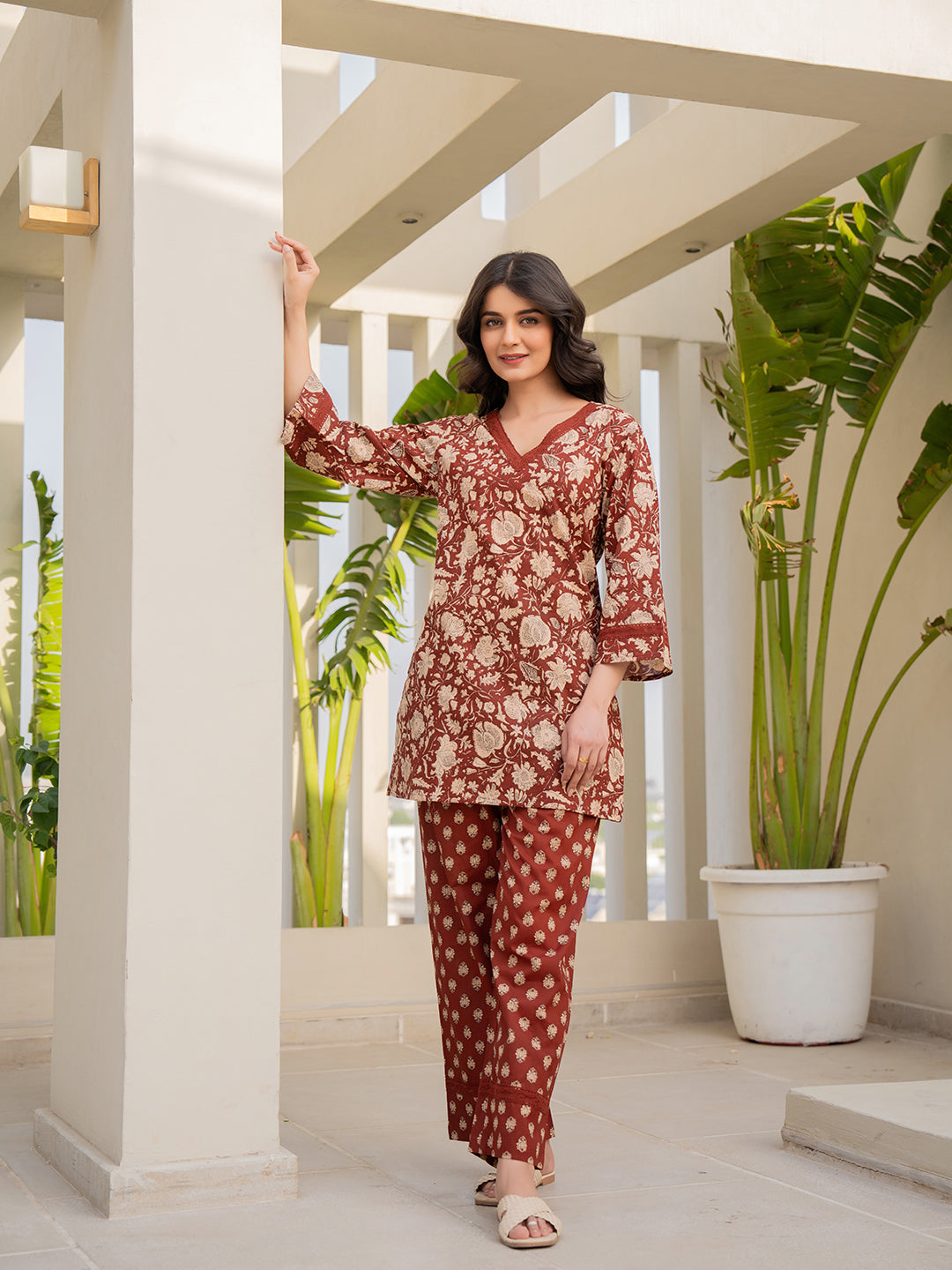 V - Neck Lace Cinnamon Brown Cotton Lounge Wear