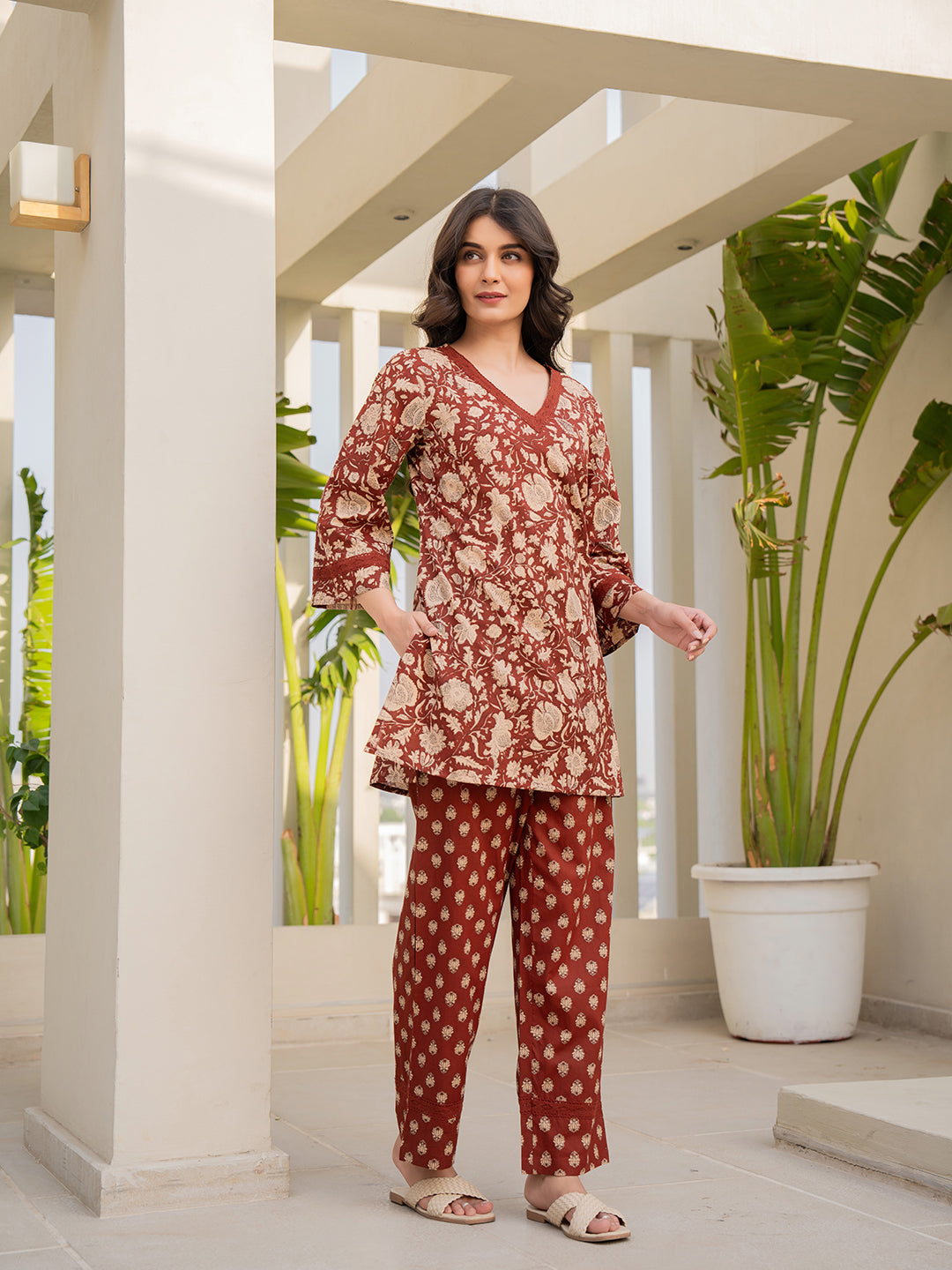 V - Neck Lace Cinnamon Brown Cotton Lounge Wear