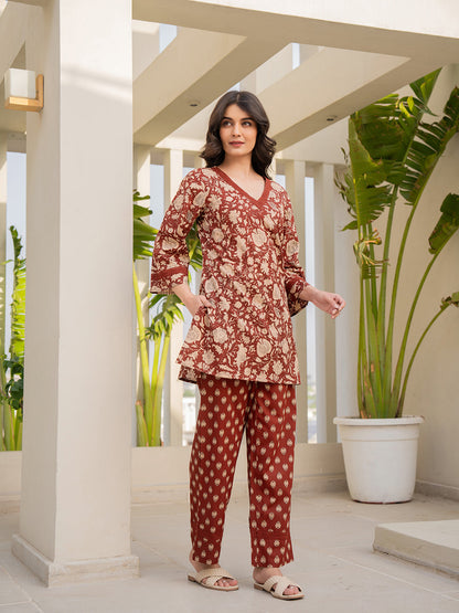 V - Neck Lace Cinnamon Brown Cotton Lounge Wear