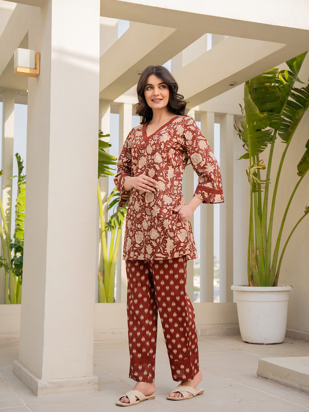 V - Neck Lace Cinnamon Brown Cotton Lounge Wear