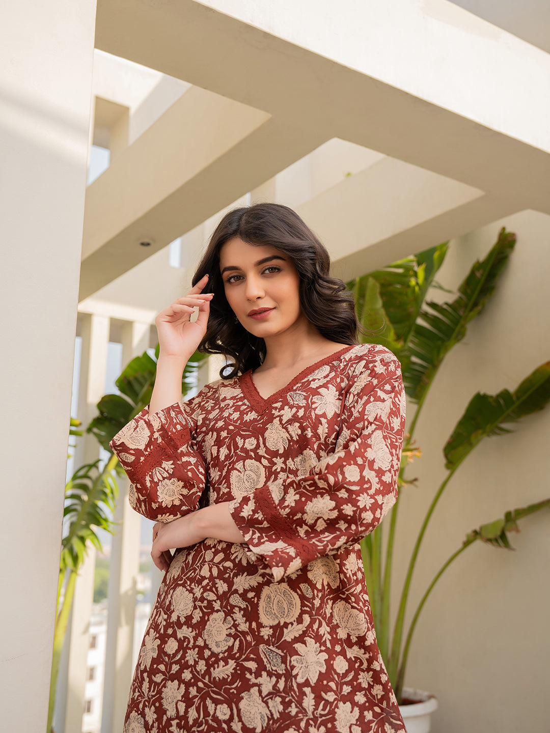 V - Neck Lace Cinnamon Brown Cotton Lounge Wear