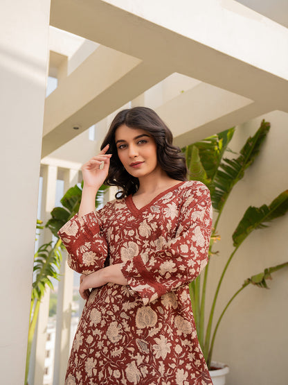 V - Neck Lace Cinnamon Brown Cotton Lounge Wear