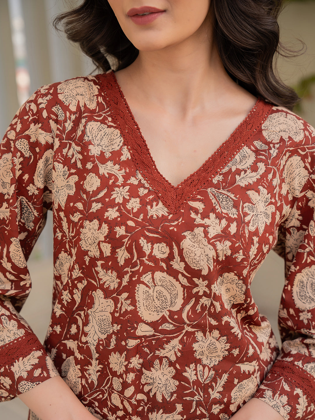 V - Neck Lace Cinnamon Brown Cotton Lounge Wear