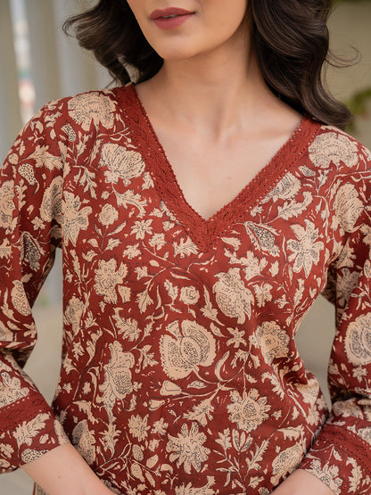 V - Neck Lace Cinnamon Brown Cotton Lounge Wear