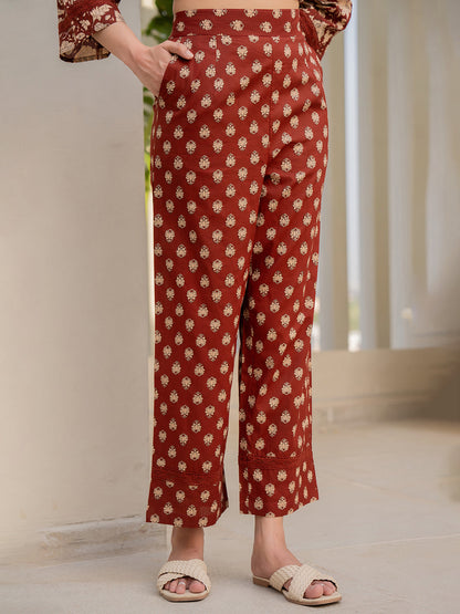 V - Neck Lace Cinnamon Brown Cotton Lounge Wear