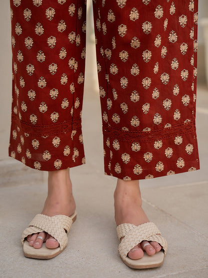 V - Neck Lace Cinnamon Brown Cotton Lounge Wear