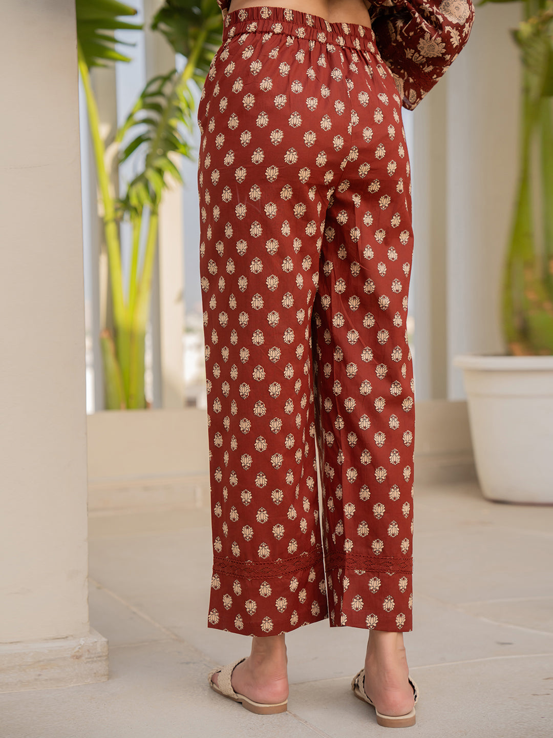 V - Neck Lace Cinnamon Brown Cotton Lounge Wear