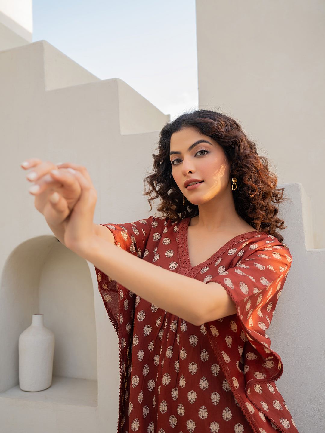 V-Neck Lace Burnt Umber Brown Kaftan