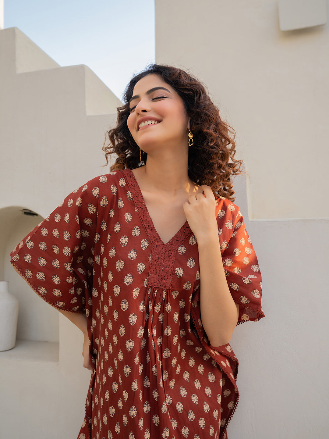 V-Neck Lace Burnt Umber Brown Kaftan