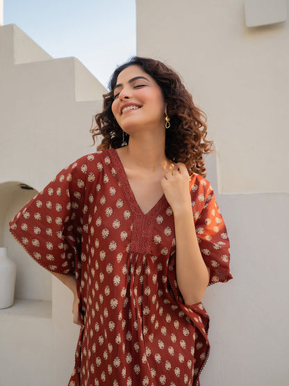 V-Neck Lace Burnt Umber Brown Kaftan