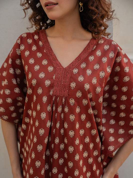 V-Neck Lace Burnt Umber Brown Kaftan