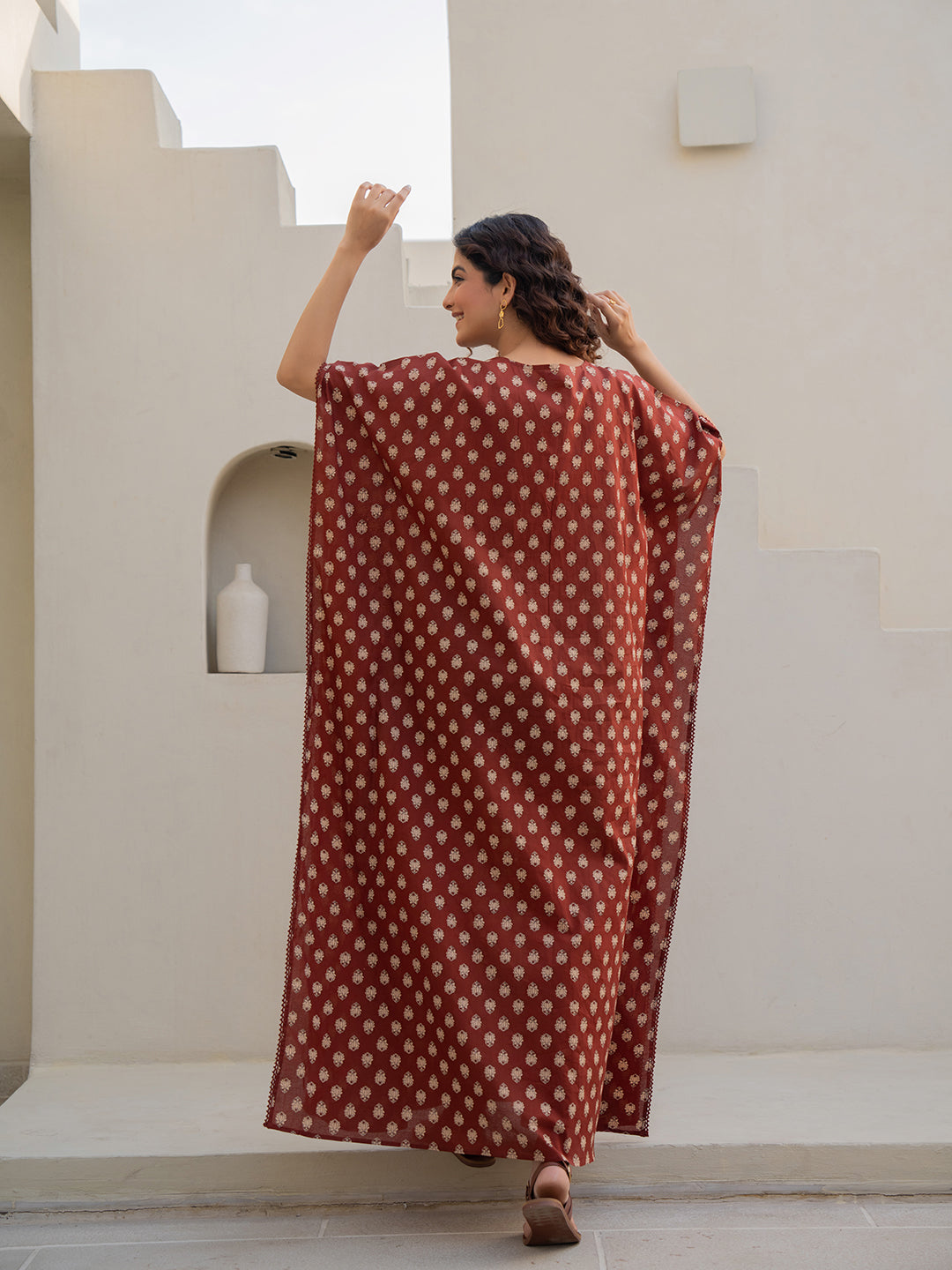 V-Neck Lace Burnt Umber Brown Kaftan