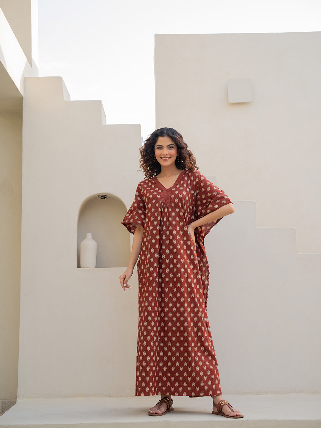 V-Neck Lace Burnt Umber Brown Kaftan