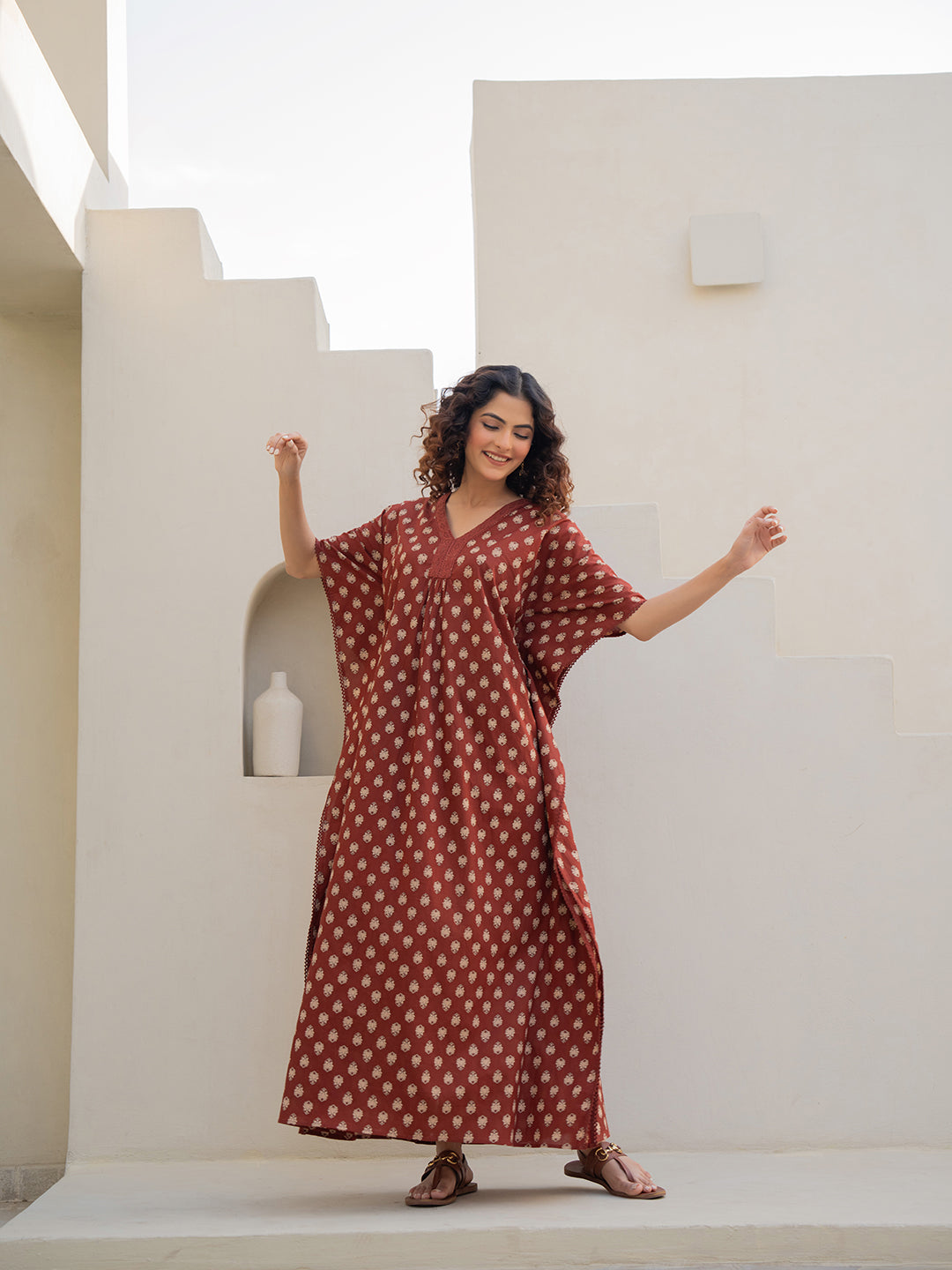 V-Neck Lace Burnt Umber Brown Kaftan