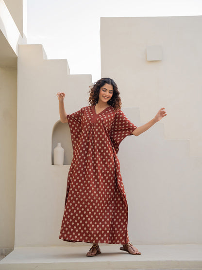 V-Neck Lace Burnt Umber Brown Kaftan