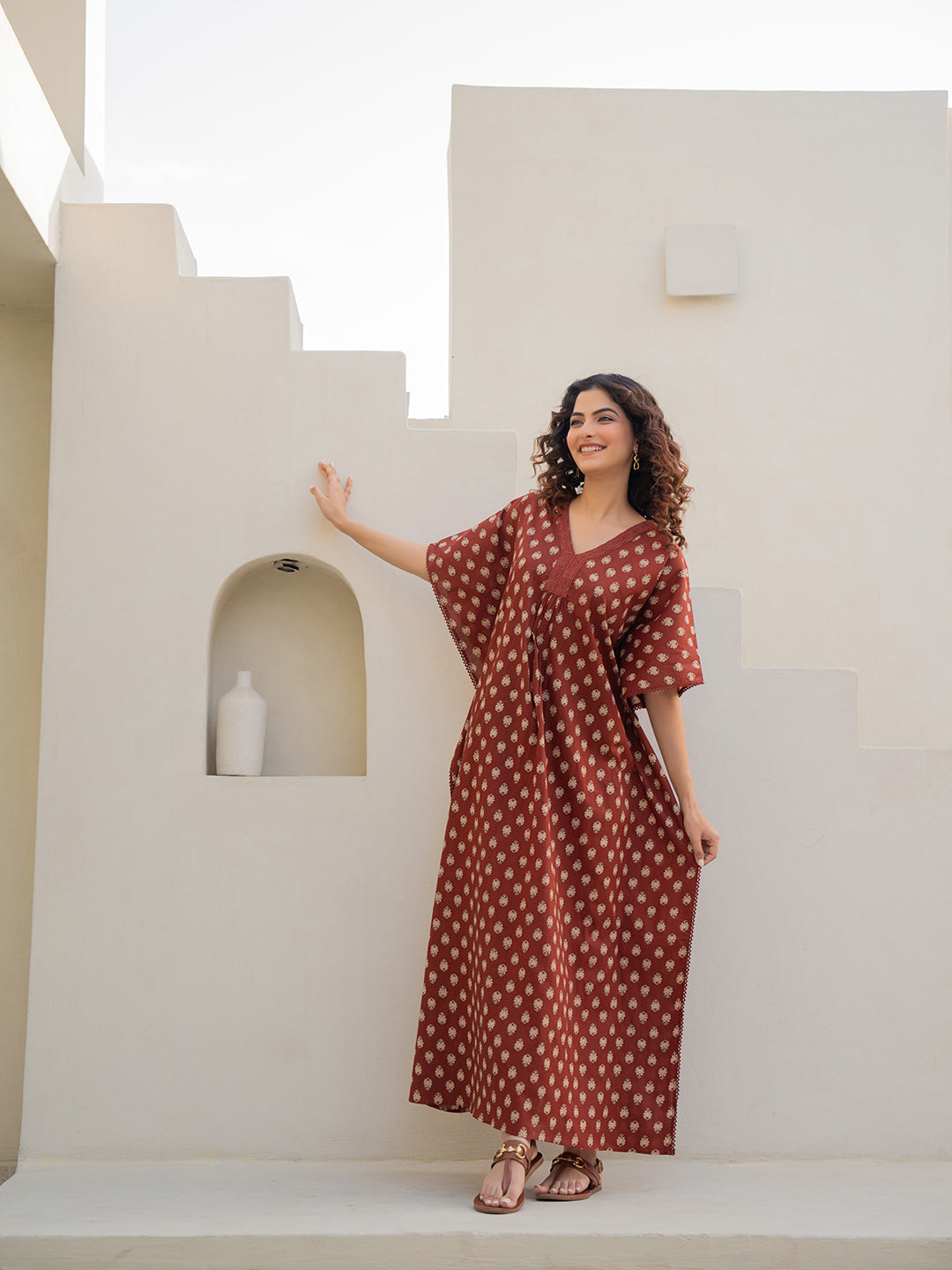 V-Neck Lace Burnt Umber Brown Kaftan