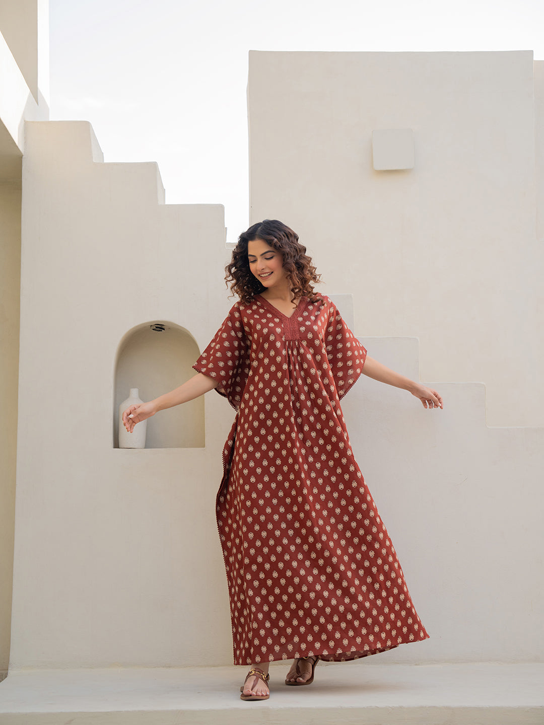 V-Neck Lace Burnt Umber Brown Kaftan