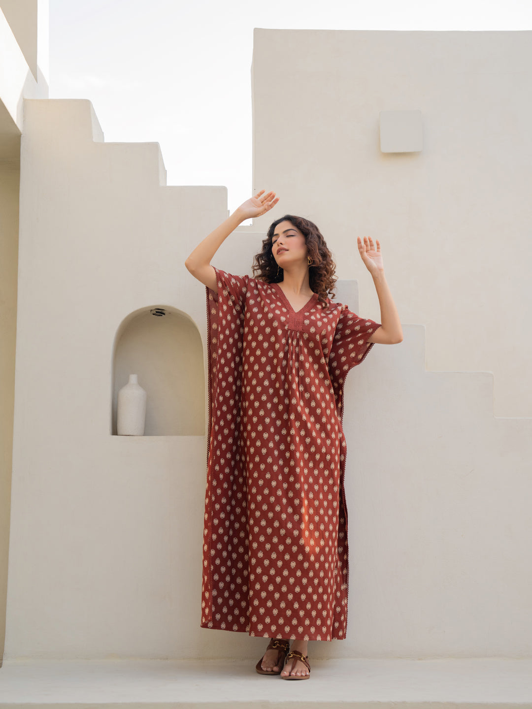 V-Neck Lace Burnt Umber Brown Kaftan