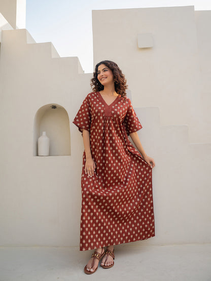 V-Neck Lace Burnt Umber Brown Kaftan