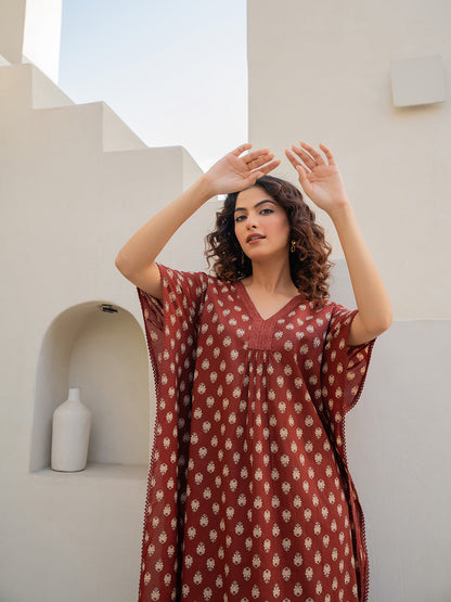 V-Neck Lace Burnt Umber Brown Kaftan