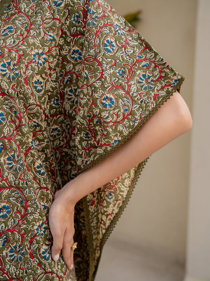 V-Neck Lace Olive Green Kaftan