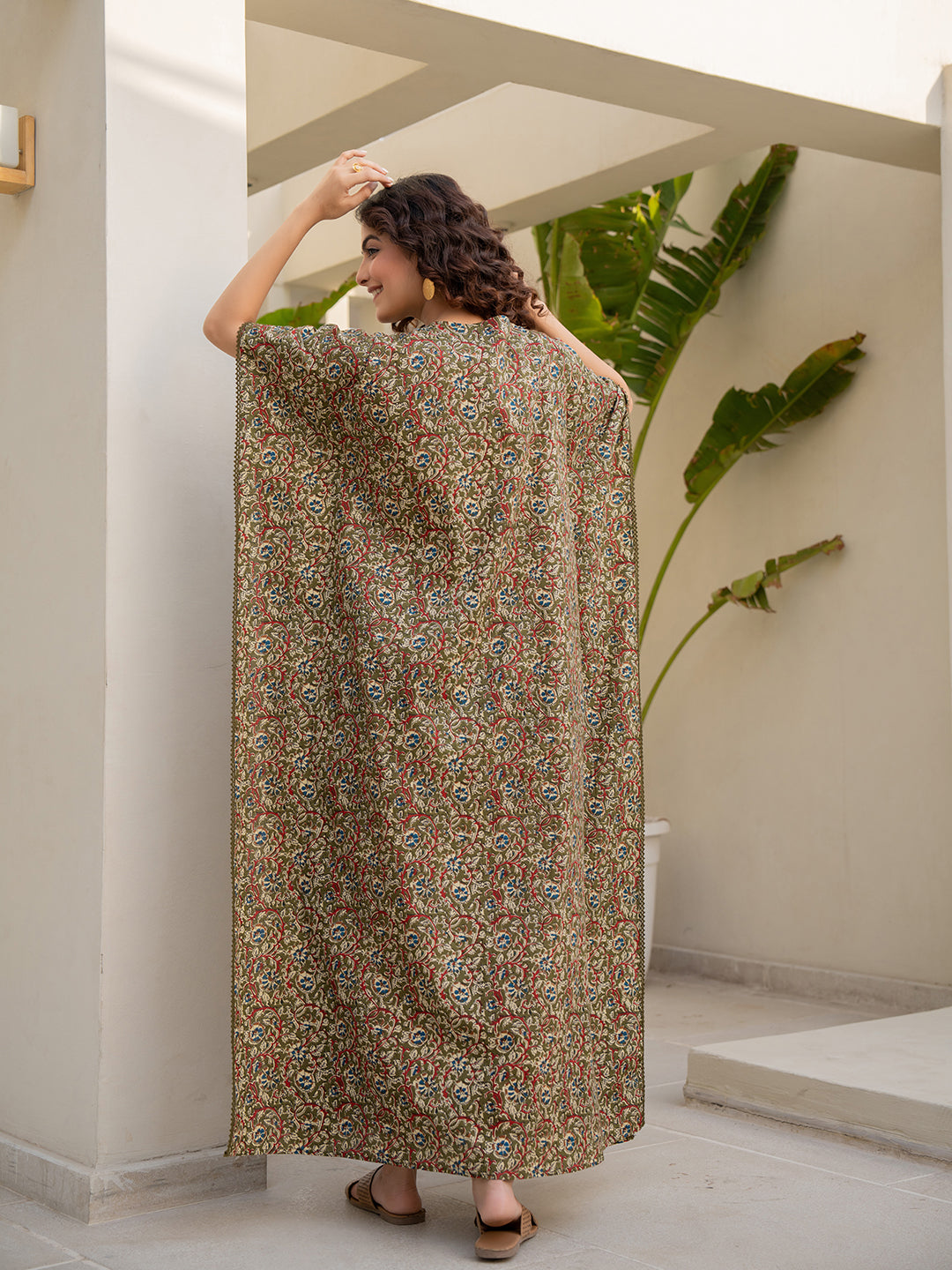 V-Neck Lace Olive Green Kaftan