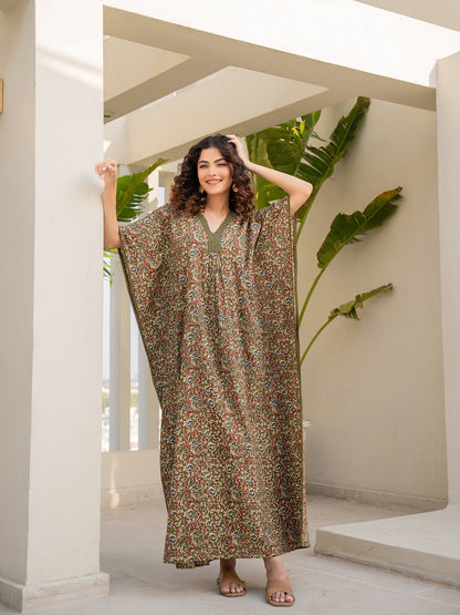 V-Neck Lace Olive Green Kaftan