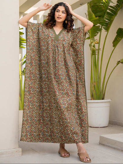 V-Neck Lace Olive Green Kaftan