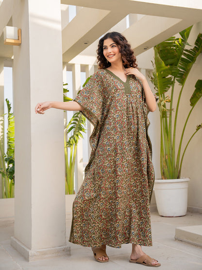 V-Neck Lace Olive Green Kaftan