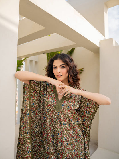 V-Neck Lace Olive Green Kaftan