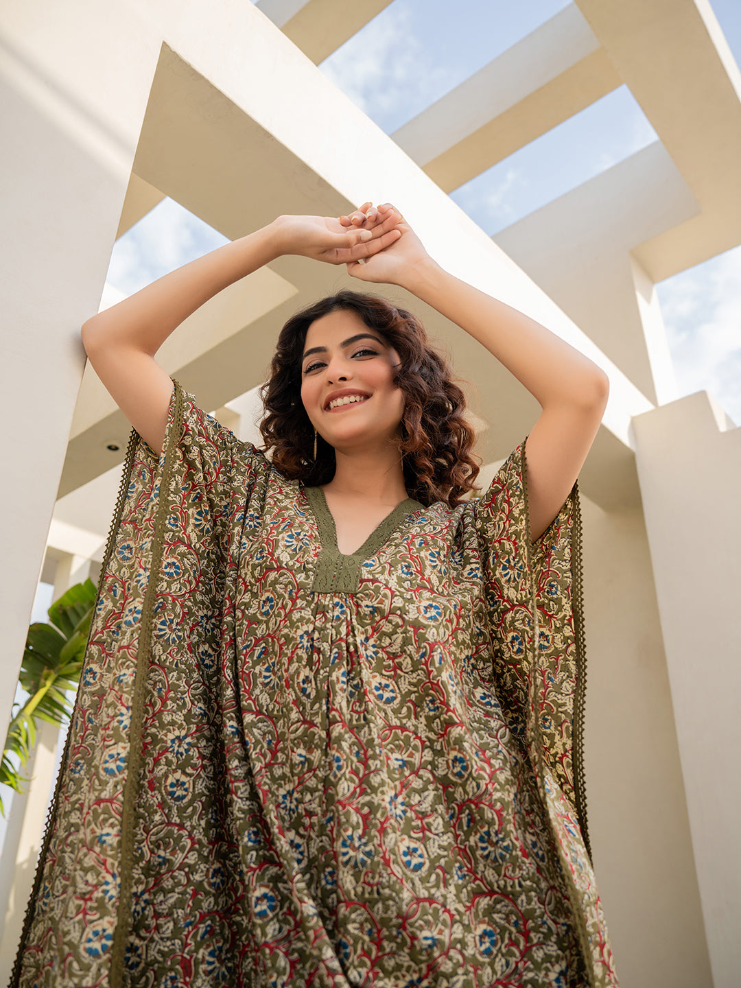 V-Neck Lace Olive Green Kaftan