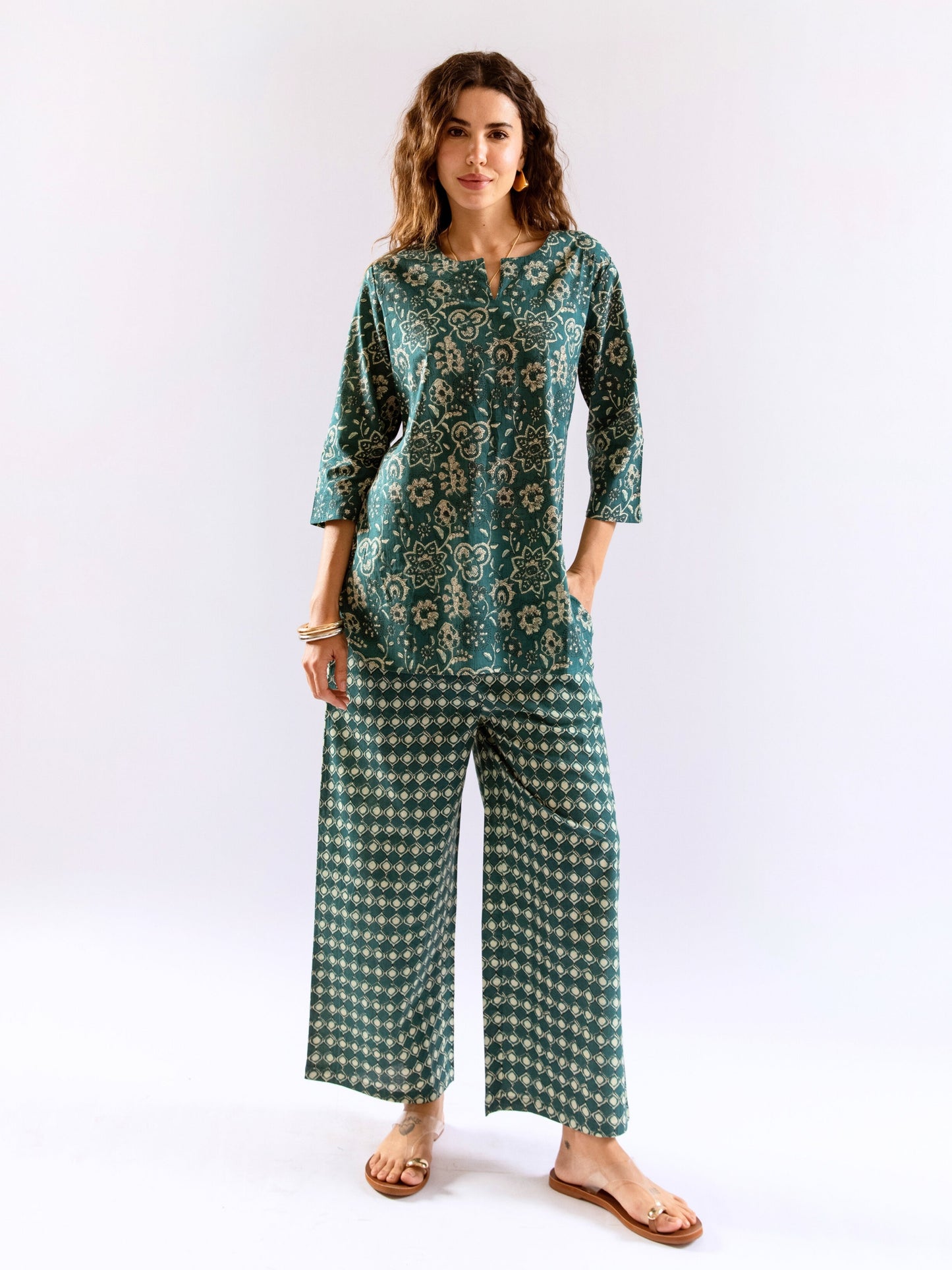 Teal Botanical Jaal  Pure Cotton Round neck Co-ord set