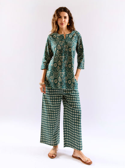 Teal Botanical Jaal  Pure Cotton Round neck Co-ord set