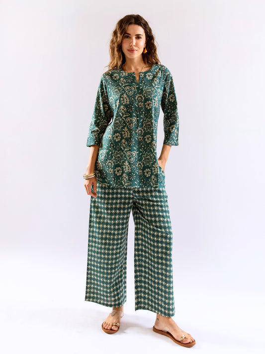 Teal Botanical Jaal  Pure Cotton Round neck Co-ord set
