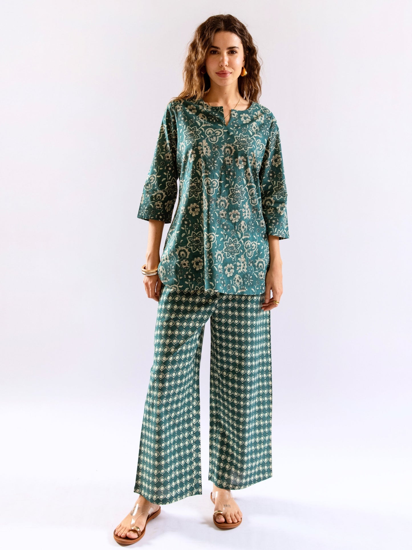 Teal Botanical Jaal  Pure Cotton Round neck Co-ord set